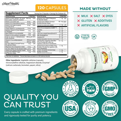 Maxi Health Multivitamin – Easy to Swallow Multi Vitamin Capsules with 30 Nutrients, Iron & Probiotics – Kosher Daily Multivitamins Small Capsules - Maple Wellness Supplements