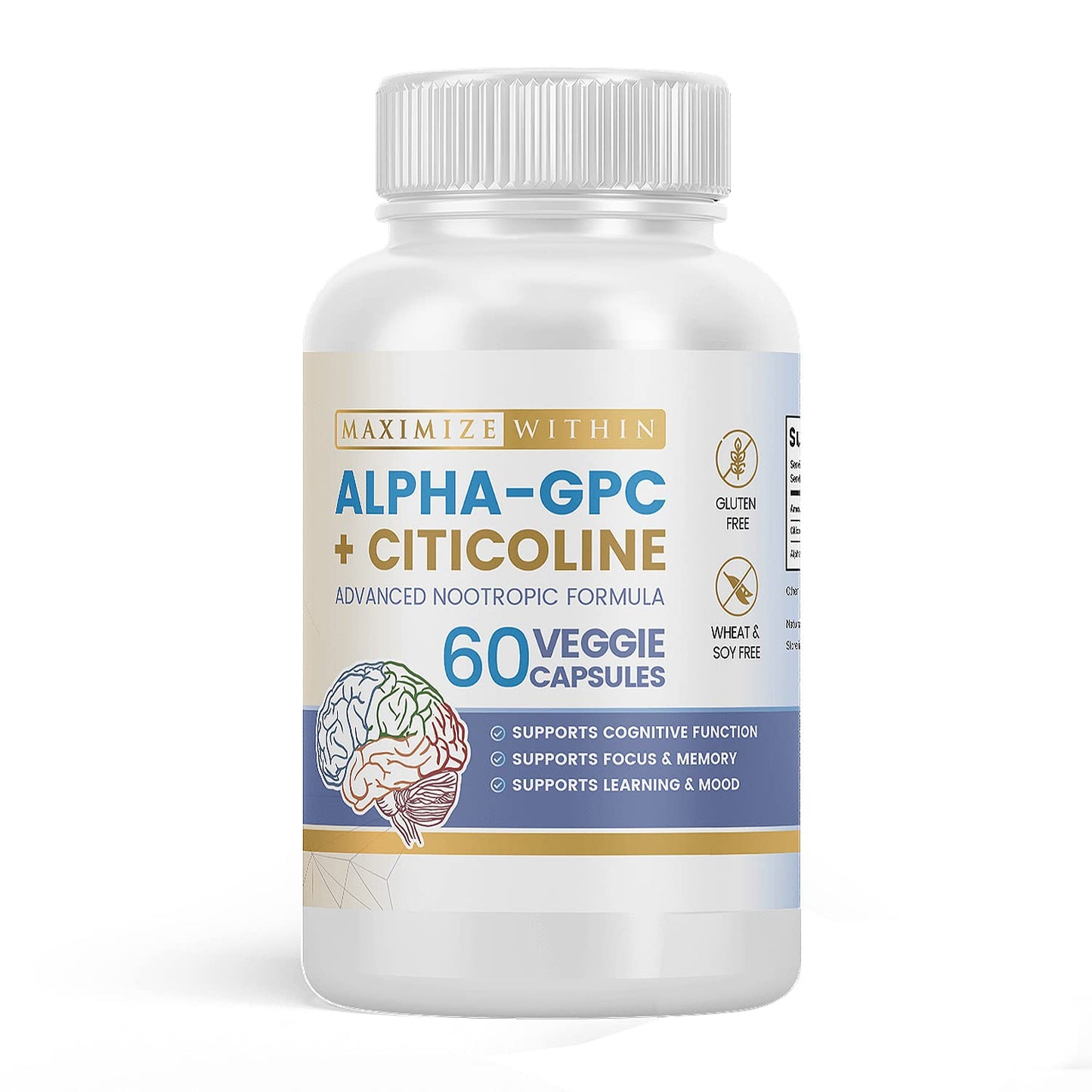 Maximize Within Alpha GPC + Citicoline 60 Ct, 1600mg Concentrated Formula- 99%+Highly Purified & Bioavailable Nootropic-Cognitive Enhancer, Supports Memory, Brain Function, Boosts Focus, Mood & Energy - Maple Wellness Supplements