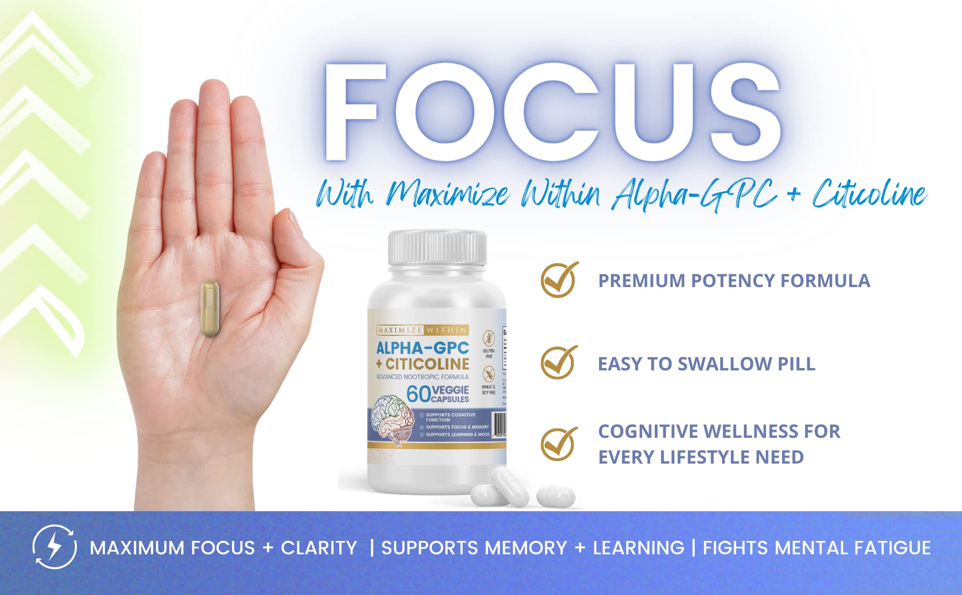 Maximize Within Alpha GPC + Citicoline 60 Ct, 1600mg Concentrated Formula- 99%+Highly Purified & Bioavailable Nootropic-Cognitive Enhancer, Supports Memory, Brain Function, Boosts Focus, Mood & Energy - Maple Wellness Supplements