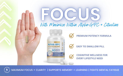 Maximize Within Alpha GPC + Citicoline 60 Ct, 1600mg Concentrated Formula- 99%+Highly Purified & Bioavailable Nootropic-Cognitive Enhancer, Supports Memory, Brain Function, Boosts Focus, Mood & Energy - Maple Wellness Supplements