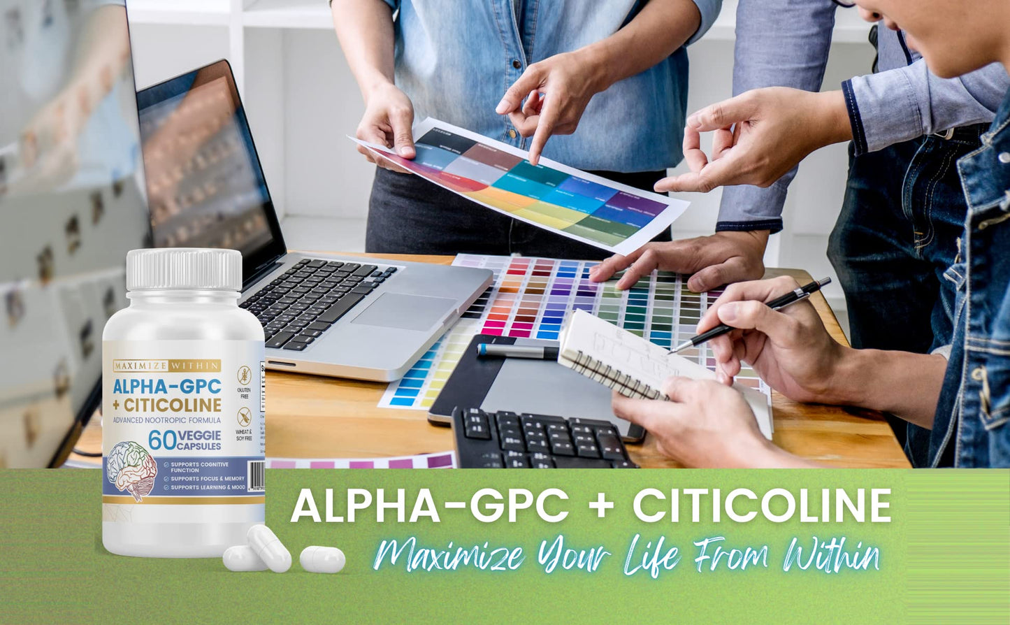 Maximize Within Alpha GPC + Citicoline 60 Ct, 1600mg Concentrated Formula- 99%+Highly Purified & Bioavailable Nootropic-Cognitive Enhancer, Supports Memory, Brain Function, Boosts Focus, Mood & Energy - Maple Wellness Supplements