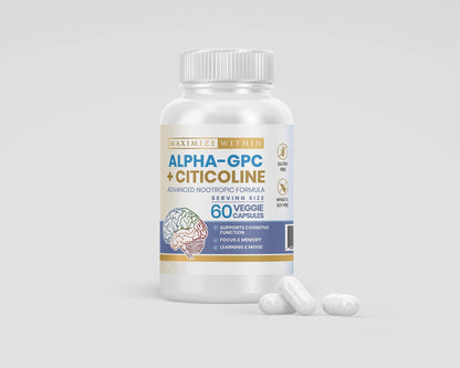 Maximize Within Alpha GPC + Citicoline 60 Ct, 1600mg Concentrated Formula- 99%+Highly Purified & Bioavailable Nootropic-Cognitive Enhancer, Supports Memory, Brain Function, Boosts Focus, Mood & Energy - Maple Wellness Supplements
