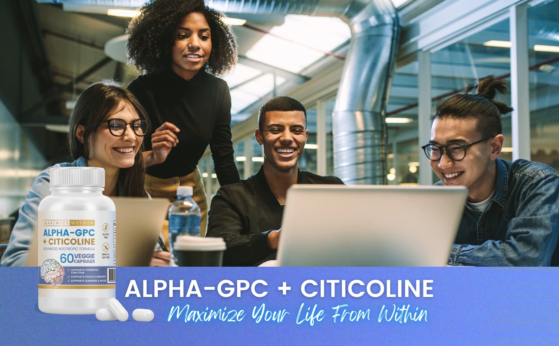 Maximize Within Alpha GPC + Citicoline 60 Ct, 1600mg Concentrated Formula- 99%+Highly Purified & Bioavailable Nootropic-Cognitive Enhancer, Supports Memory, Brain Function, Boosts Focus, Mood & Energy - Maple Wellness Supplements