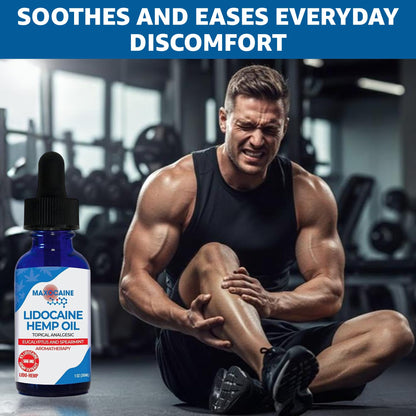 MAXOCAINE Lidocaine Hemp Oil 4% - Maximum Strength Topical Pain Relief, Fast Acting Soothing Oil for Muscle, Joint, Back & Arthritis Support, Cooling Eucalyptus & Spearmint, 1 oz (30 ml) - Maple Wellness Supplements