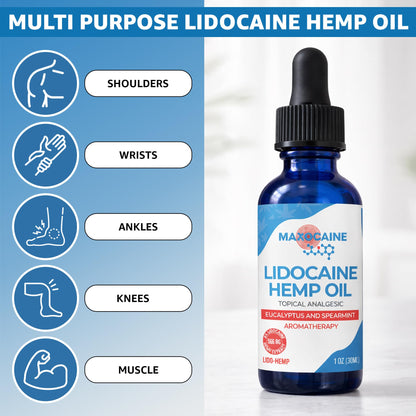MAXOCAINE Lidocaine Hemp Oil 4% - Maximum Strength Topical Pain Relief, Fast Acting Soothing Oil for Muscle, Joint, Back & Arthritis Support, Cooling Eucalyptus & Spearmint, 1 oz (30 ml) - Maple Wellness Supplements