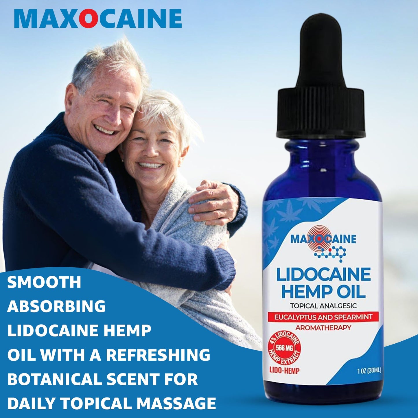 MAXOCAINE Lidocaine Hemp Oil 4% - Maximum Strength Topical Pain Relief, Fast Acting Soothing Oil for Muscle, Joint, Back & Arthritis Support, Cooling Eucalyptus & Spearmint, 1 oz (30 ml) - Maple Wellness Supplements