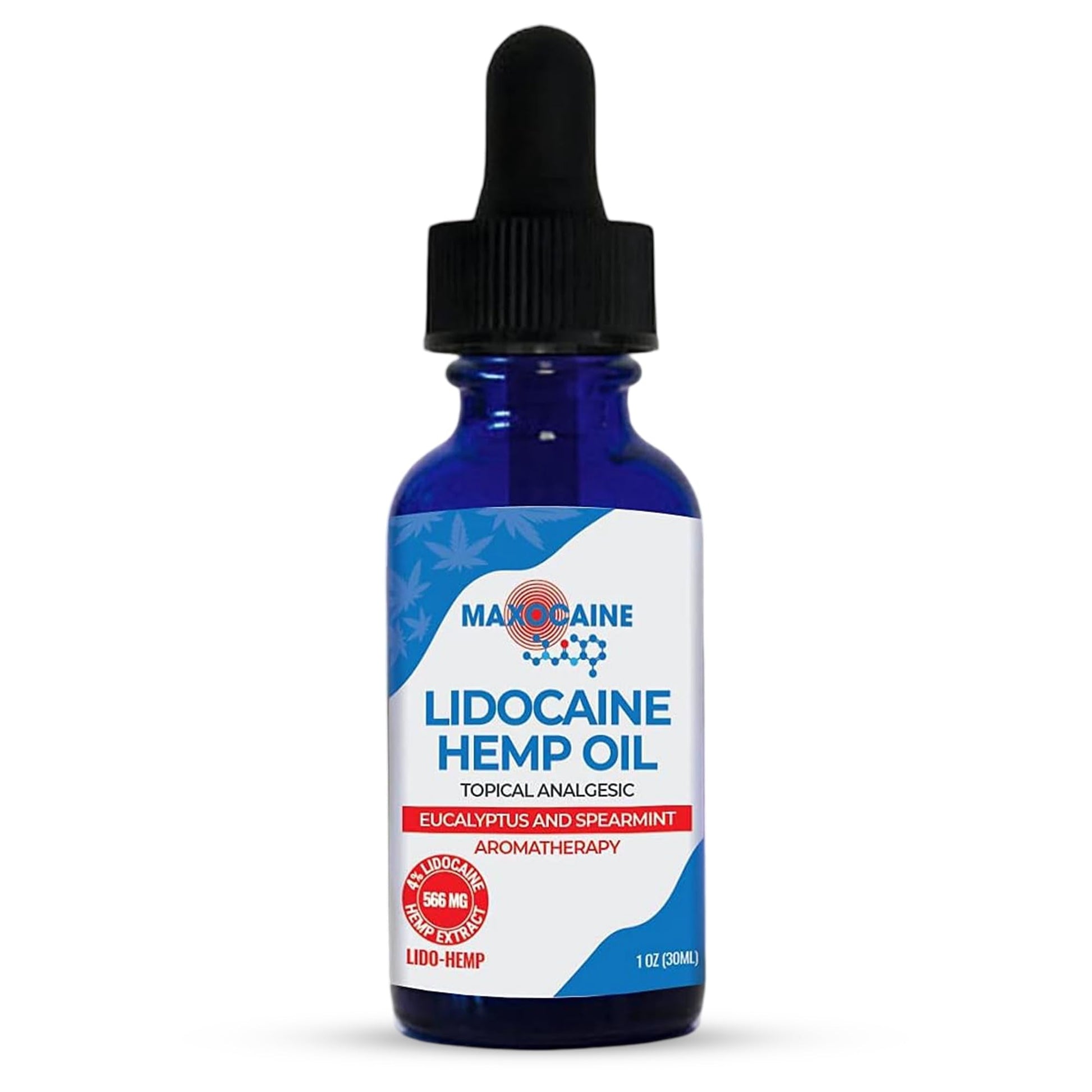 MAXOCAINE Lidocaine Hemp Oil 4% - Maximum Strength Topical Pain Relief, Fast Acting Soothing Oil for Muscle, Joint, Back & Arthritis Support, Cooling Eucalyptus & Spearmint, 1 oz (30 ml) - Maple Wellness Supplements