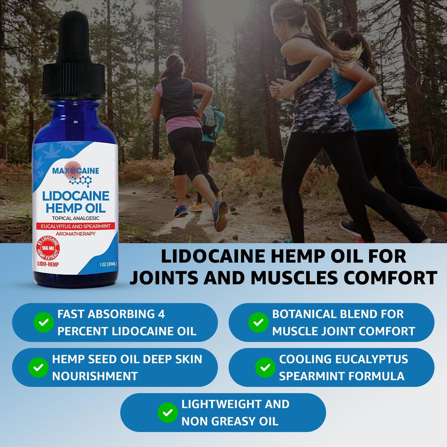 MAXOCAINE Lidocaine Hemp Oil 4% - Maximum Strength Topical Pain Relief, Fast Acting Soothing Oil for Muscle, Joint, Back & Arthritis Support, Cooling Eucalyptus & Spearmint, 1 oz (30 ml) - Maple Wellness Supplements