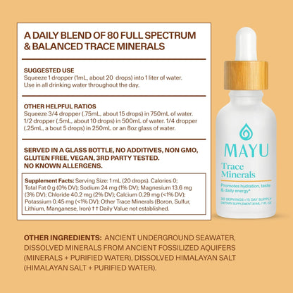 MAYU Trace Mineral Drops - 1 Bottle - 80+ Full-Spectrum Ionic Minerals for Water - Great-Tasting Mineral Supplement for Hydration - Magnesium, Potassium & Zinc - No Additives - 30 Servings - Maple Wellness Supplements