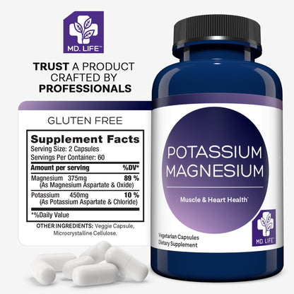 MD. Life Potassium Magnesium Supplement - 30 Capsules - High Absorption Magnesium Complex - Potassium Supplement to Support Vascular Health & Leg Cramp - Maple Wellness Supplements