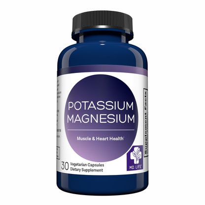MD. Life Potassium Magnesium Supplement - 30 Capsules - High Absorption Magnesium Complex - Potassium Supplement to Support Vascular Health & Leg Cramp - Maple Wellness Supplements
