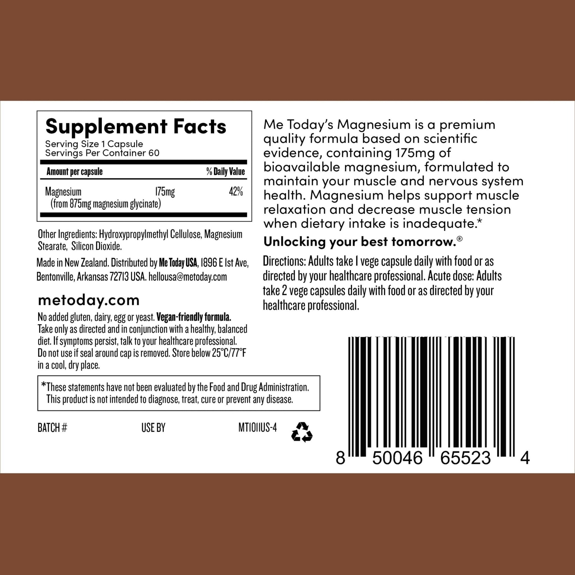 Me Today Magnesium Glycinate Supplement – 175mg High Absorption Magnesium Glycinate Capsule for Muscle Recovery, Nervous System Support, - Maple Wellness Supplements