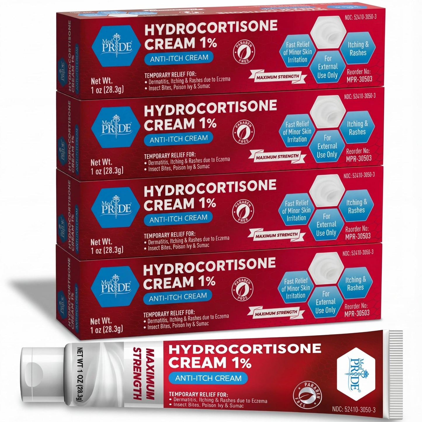 MED Pride Hydro Cortisone (Hydrocortisone) Cream 1% OTC Bulk Pack of 4 X 1 Oz Anti-Itch Ointment for Rash, Eczema, Bug Bites - Maple Wellness Supplements
