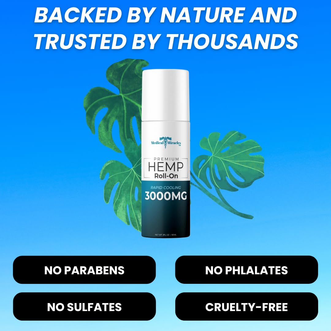 Medical Miracles New Hemp Oil Roll On - Ideal for Muscles, Hips, Joints, Neck, Back, Elbows, Fingers, Hands, and Knees (3000mg Roll-On) - Maple Wellness Supplements