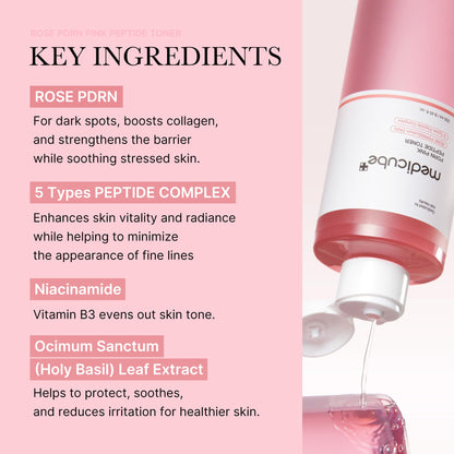 medicube PDRN Toner Rose PDRN Peptide Toner | Lightweight & Watery Type for Skin Boosting, Soothing and Calming, Uneven Skin Tone | with Rose, Peptide, Niacinamide | Korean Skincare, 8.45 fl.oz - Maple Wellness Supplements