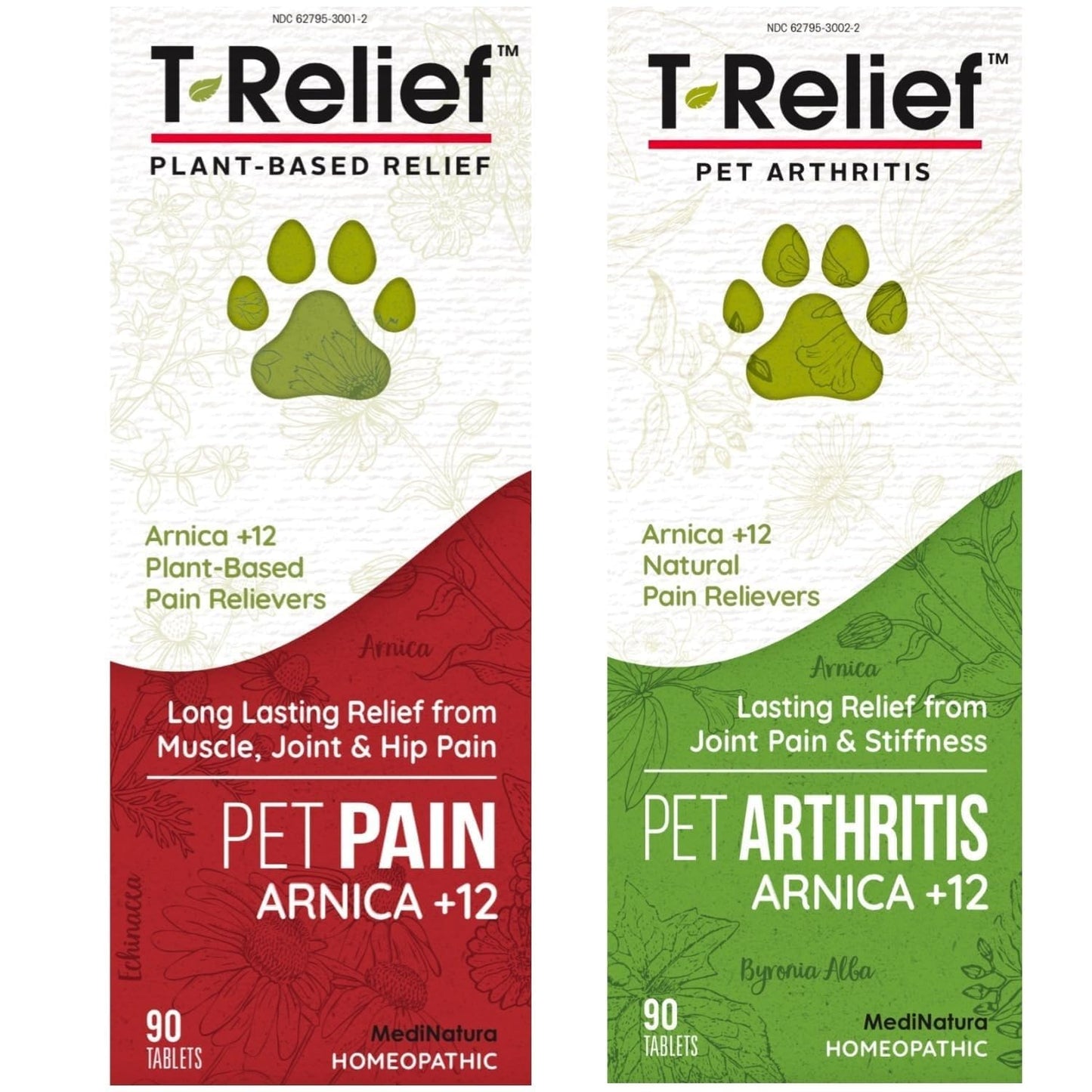 MediNatura Plant-Powered Pet Pain Relief Bundle T-Relief Pet Pain Tablets (90) + T-Relief Pet Arthritis (90) 12 Plant-Based Homeopathic Pain Relievers with Arnica - Support for Muscles, Joints + HIPS - Maple Wellness Supplements