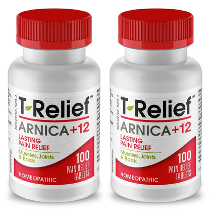 MediNatura T-Relief Pain - Arnica Medication for Naturally Soothing Body Aches - Supports Muscle, Joint & Back Relief - Chewable Tablets - Plant-Based Tablets - Non-Addictive - 100 Count - 2 Pack - Maple Wellness Supplements