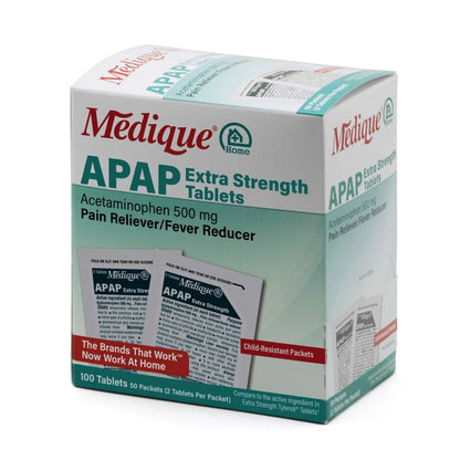 Medique @ Home 70433 Extra Strength APAP Tablets, Non-Aspirin, 50 Packets (2 Tablets per Packet) Total-100 Count - Maple Wellness Supplements