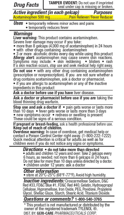 MedRite Acetaminophen 500mg Extra Strength - 100 Rapid Release Gelcaps - Over-The-Counter Medication - Maple Wellness Supplements