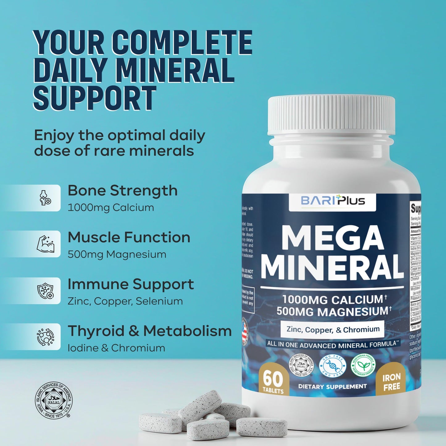 Mega Mineral – Complete Complex with Vitamin D, Calcium, Magnesium, Zinc, Potassium, Boron, Selenium, Chromium & Trace Minerals – Iron-Free – USA Made – 60 Tablets - Maple Wellness Supplements