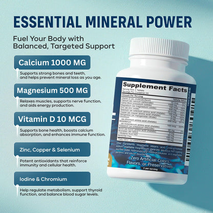 Mega Mineral – Complete Complex with Vitamin D, Calcium, Magnesium, Zinc, Potassium, Boron, Selenium, Chromium & Trace Minerals – Iron-Free – USA Made – 60 Tablets - Maple Wellness Supplements