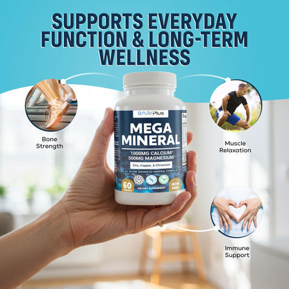 Mega Mineral – Complete Complex with Vitamin D, Calcium, Magnesium, Zinc, Potassium, Boron, Selenium, Chromium & Trace Minerals – Iron-Free – USA Made – 60 Tablets - Maple Wellness Supplements