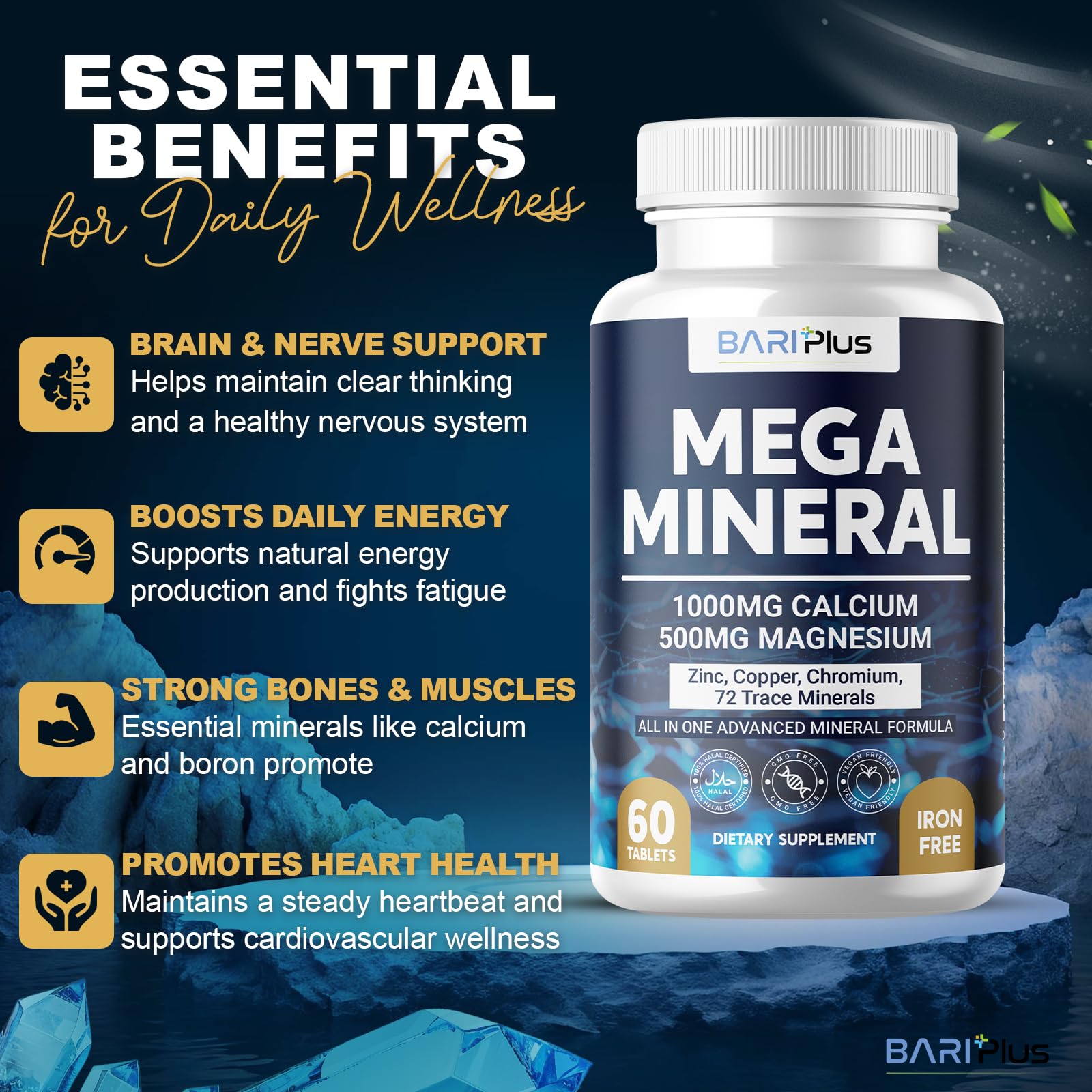 Mega Mineral – Complete Complex with Vitamin D, Calcium, Magnesium, Zinc, Potassium, Boron, Selenium, Chromium & Trace Minerals – Iron-Free – USA Made – 60 Tablets - Maple Wellness Supplements