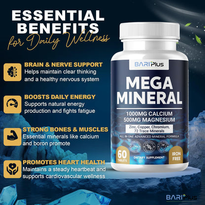Mega Mineral – Complete Complex with Vitamin D, Calcium, Magnesium, Zinc, Potassium, Boron, Selenium, Chromium & Trace Minerals – Iron-Free – USA Made – 60 Tablets - Maple Wellness Supplements