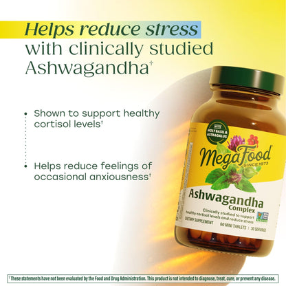 MegaFood Ashwagandha Complex (Formerly Stress Protect) - Ashwagandha Supplements Astragalus Root & Holy Basil - Vegetarian, Gluten Free, Cortisol Supplement - 60 Mini Tablets, 30 Servings - Maple Wellness Supplements