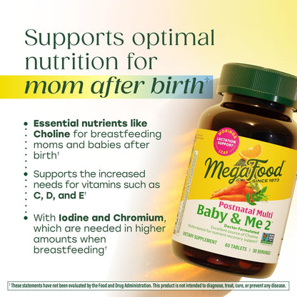 MegaFood Baby & Me 2 Postnatal Vitamins for Women Breastfeeding with Folate (Folic Acid Natural Form), Choline, Iodine, Vitamin D - Maple Wellness Supplements