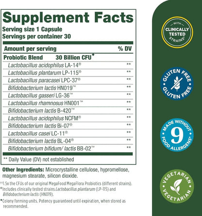 MegaFood Digestive Probiotic - 12 Strain Vegetarian Probiotics for Women & Men, 30 Billion CFUs, Support Gut Health, Probiotics for Digestive Health Help Relieve Occasional Gas & Bloating, 30 Capsules - Maple Wellness Supplements