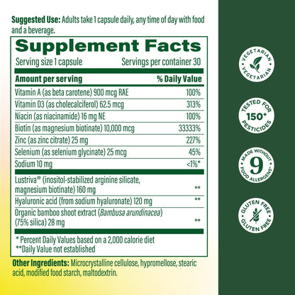 MegaFood Hair Growth – Clinically Studied Lustriva & Hyaluronic Acid - Biotin 10000mcg, Thicker & Fuller Existing Hair Growth Vitamins - 30 Vegetarian Capsules, 30 Servings - Maple Wellness Supplements