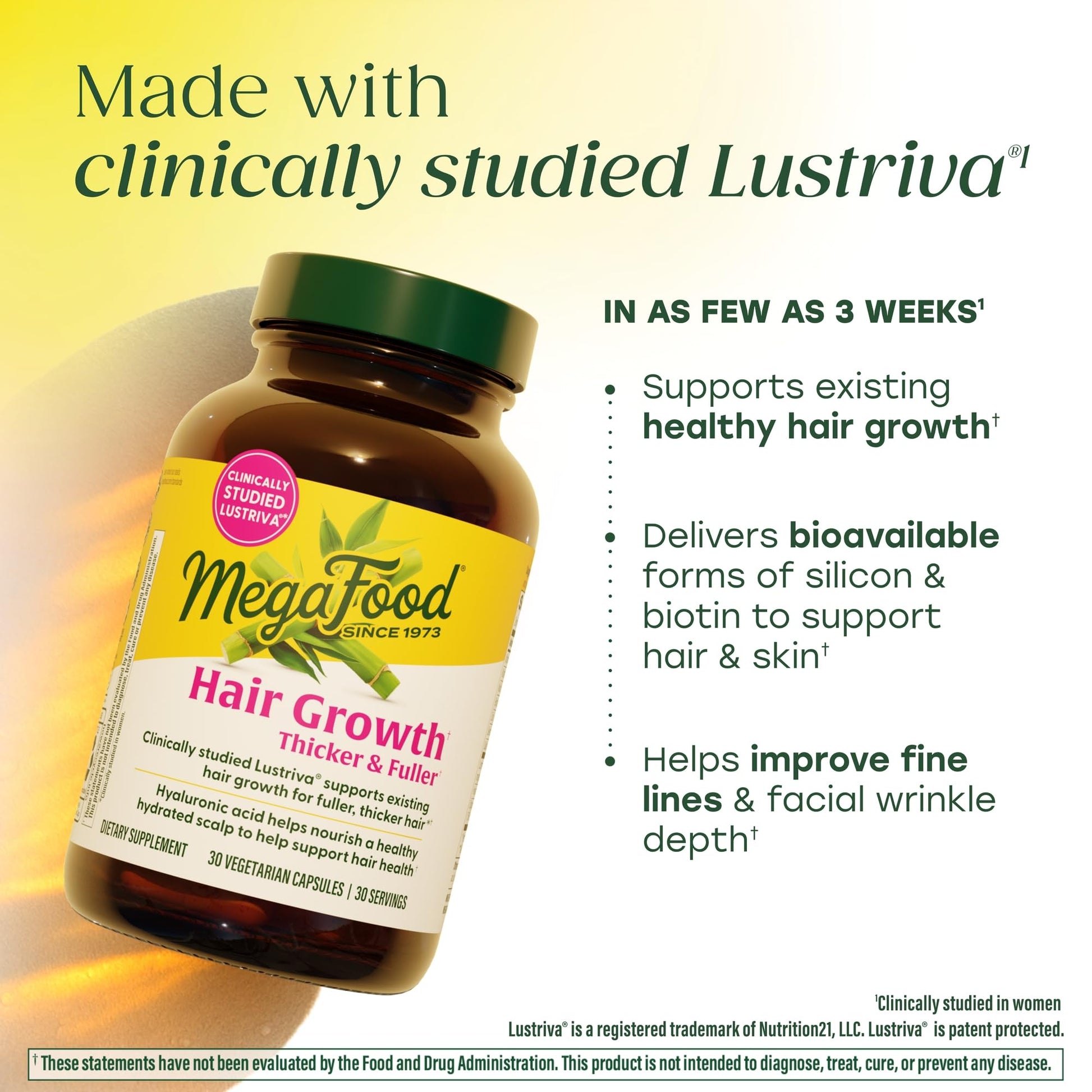MegaFood Hair Growth – Clinically Studied Lustriva & Hyaluronic Acid - Biotin 10000mcg, Thicker & Fuller Existing Hair Growth Vitamins - 30 Vegetarian Capsules, 30 Servings - Maple Wellness Supplements