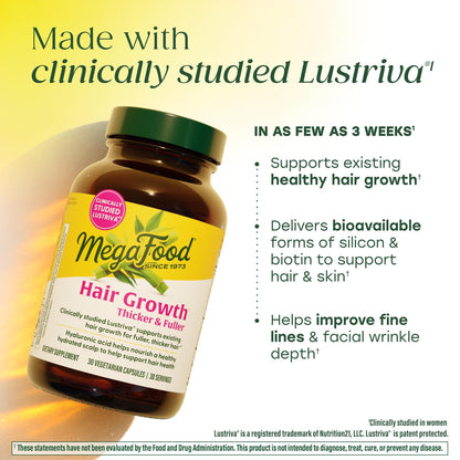 MegaFood Hair Growth – Clinically Studied Lustriva & Hyaluronic Acid - Biotin 10000mcg, Thicker & Fuller Existing Hair Growth Vitamins - 30 Vegetarian Capsules, 30 Servings - Maple Wellness Supplements