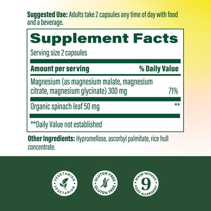MegaFood Magnesium Glycinate, Citrate, Malate 300mg Supplement - Highly Absorbable Blend to Support Heart, Nerve Health & Relaxation, Triple Magnesium Complex Supplement, 60 Capsules (30 Servings) - Maple Wellness Supplements