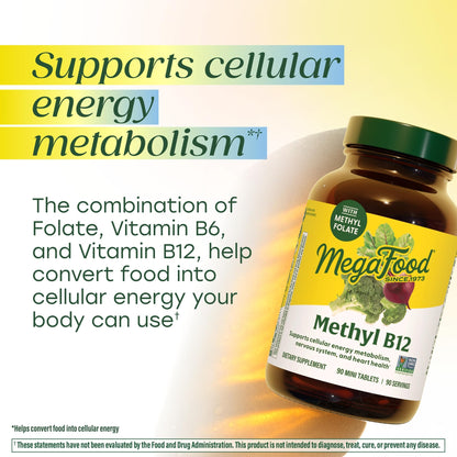 MegaFood Methyl B12 - Vegan - Includes Methyl Folate, Vitamin B12 & B6 - Supports Cellular Energy Production, Nervous System Health - Maple Wellness Supplements