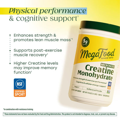 MegaFood Micronized Creatine Monohydrate Powder - Unflavored Post & Pre Workout Powder for Men & Women - Cognitive & Exercise Performance Support - Maple Wellness Supplements