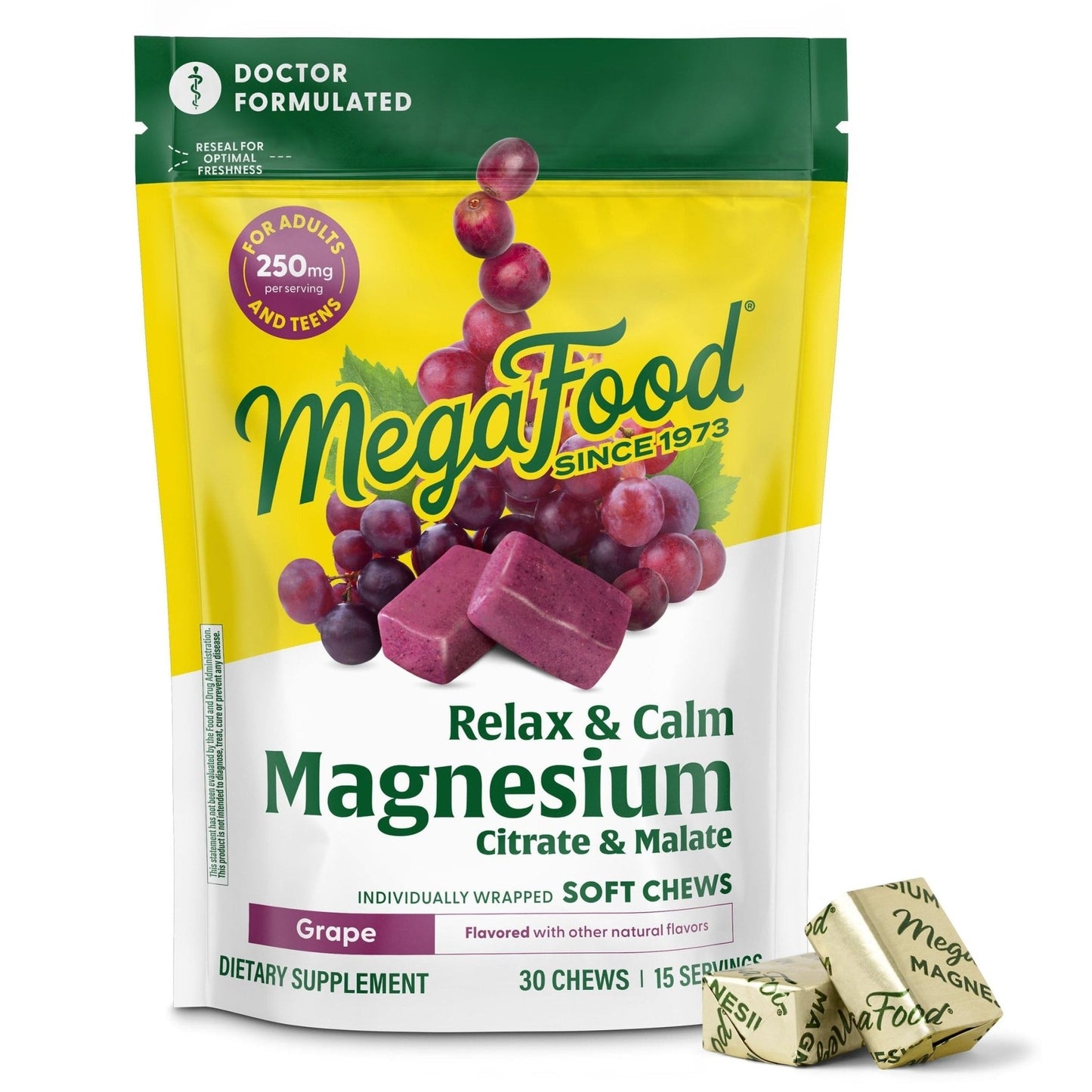 MegaFood Relax + Calm Magnesium Complex with Magnesium Citrate & Malate for Heart Health, Muscle Tension & More – Doctor Formulated - Vegetarian – Grape Flavor - 30 Soft Chews (15 Servings) - Maple Wellness Supplements