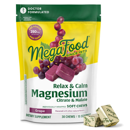 MegaFood Relax + Calm Magnesium Complex with Magnesium Citrate & Malate for Heart Health, Muscle Tension & More – Doctor Formulated - Vegetarian – Grape Flavor - 30 Soft Chews (15 Servings) - Maple Wellness Supplements
