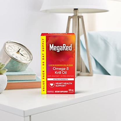 MegaRed Antarctic Krill Oil 500mg Omega 3 Fatty Acid Supplement, Extra Strength EPA & DHA Krill Oil Softgels (90cnt Box), Astaxanthin - Maple Wellness Supplements