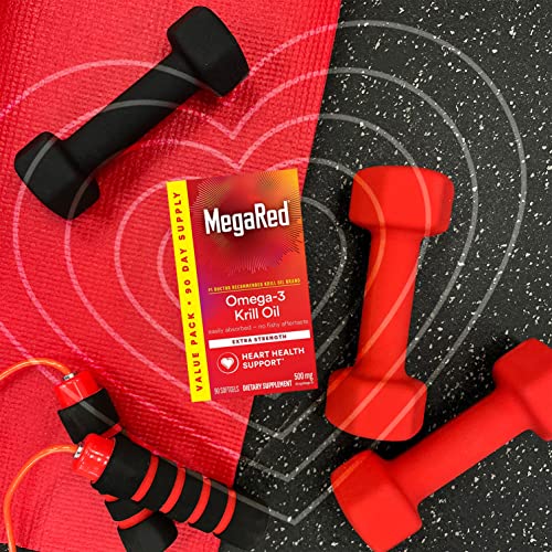 MegaRed Antarctic Krill Oil 500mg Omega 3 Fatty Acid Supplement, Extra Strength EPA & DHA Krill Oil Softgels (90cnt Box), Astaxanthin - Maple Wellness Supplements