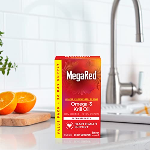 MegaRed Antarctic Krill Oil 500mg Omega 3 Fatty Acid Supplement, Extra Strength EPA & DHA Krill Oil Softgels (90cnt Box), Astaxanthin - Maple Wellness Supplements