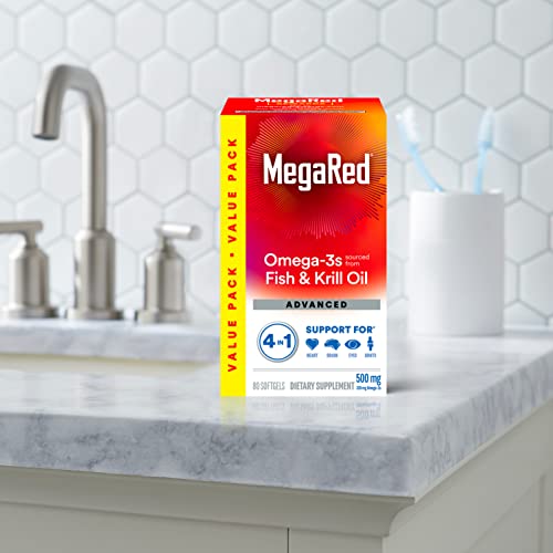 Megared Omega-3 Fish Oil + High Absorption Krill Oil 500mg Softgels, MegaRed Advanced 4in1 (80 count in a bottle) Concentrated Omega-3 Fish - Maple Wellness Supplements