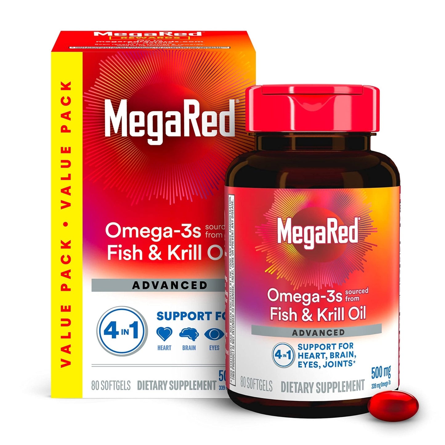 Megared Omega-3 Fish Oil + High Absorption Krill Oil 500mg Softgels, MegaRed Advanced 4in1 (80 count in a bottle) Concentrated Omega-3 Fish - Maple Wellness Supplements