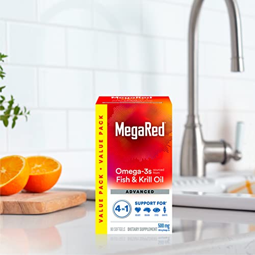 Megared Omega-3 Fish Oil + High Absorption Krill Oil 500mg Softgels, MegaRed Advanced 4in1 (80 count in a bottle) Concentrated Omega-3 Fish - Maple Wellness Supplements
