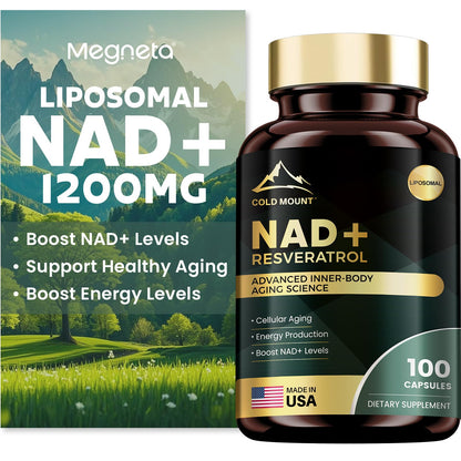 MEGNETA Liposomal NAD+ Supplement 1200mg with Trans Resveratrol - Boost NAD+ Levels, Energy & Anti-Aging Support - Vegan, 100 Capsules - Maple Wellness Supplements
