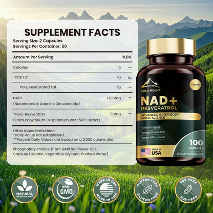 MEGNETA Liposomal NAD+ Supplement 1200mg with Trans Resveratrol - Boost NAD+ Levels, Energy & Anti-Aging Support - Vegan, 100 Capsules - Maple Wellness Supplements