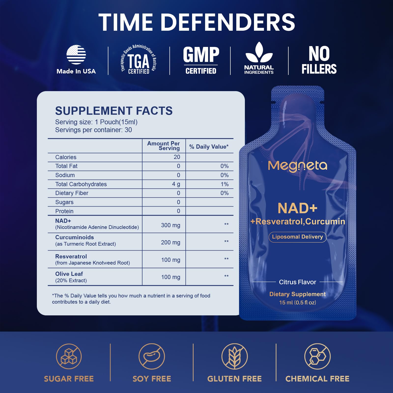 MEGNETA Liposomal NAD+ Supplement with Resveratrol, Anti-Aging, Energy Boost & Cellular Health Support, 15.2 fl. oz NAD Liquid for Men & Women (30 Pouch) - Maple Wellness Supplements