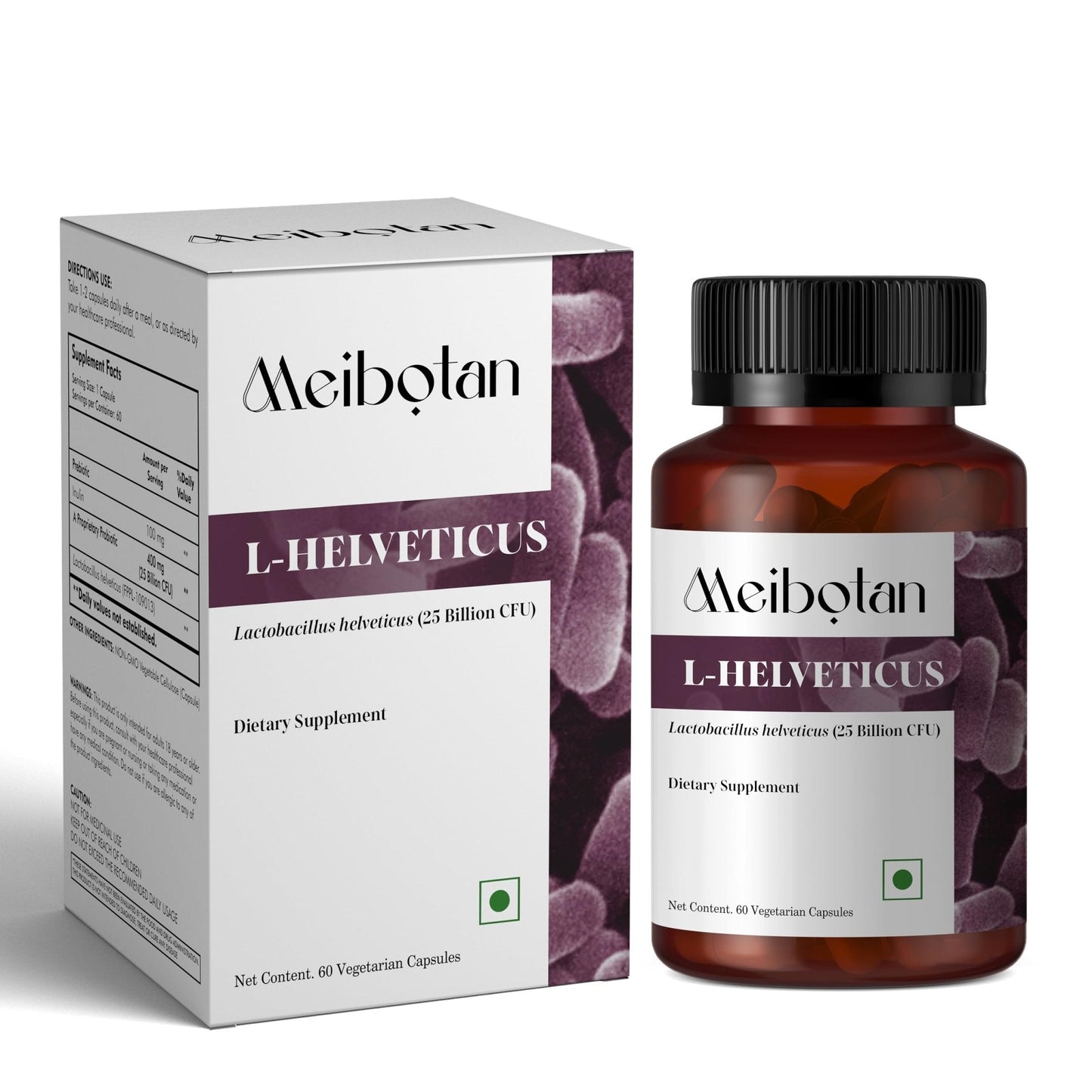 MEIBOTAN L-Helveticus Probiotic Bacteria with 25 Billion CFU for Women & Men, Helps Digestion, Nutrient Absorption and Fight Bad Bacterias - 60 Veggie Capsules - Maple Wellness Supplements