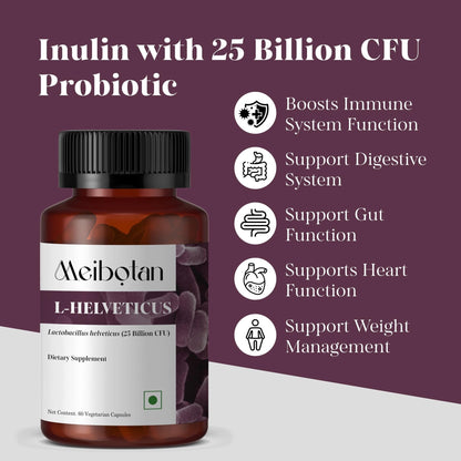 MEIBOTAN L-Helveticus Probiotic Bacteria with 25 Billion CFU for Women & Men, Helps Digestion, Nutrient Absorption and Fight Bad Bacterias - 60 Veggie Capsules - Maple Wellness Supplements